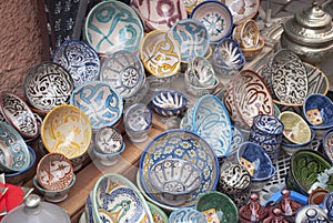 The typical colored pottery on the souk in Marrakech