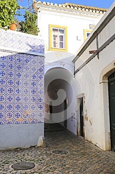 Typical colorful facade in Tavira town, Portugal