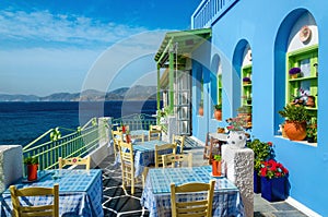 Typical colorful Greek restaurant, Kalymnos, Dodecanese Islands, Greece