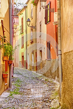 Typical colorful Italian houses on a street of Bosa, Sardinia, I