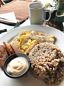 Typical Costa Rica breakfast with Eggs Rice Beans Plantains