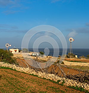 typical cottage and wind wheels in the countryside of Malta in warm evening light