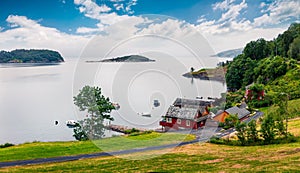 Typical countryside Norwegian landscape. Summy summer morning in Norway, Europe. Beauty of nature concept background. Artistic