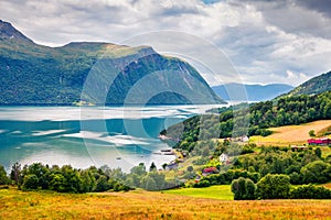 Typical countryside Norwegian landscape. Summy summer morning in Norway, Europe. Beauty of nature concept background. Artistic