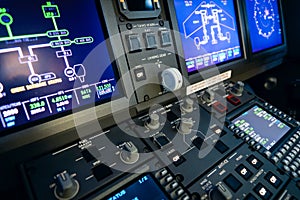 A typical dashboard panel in the cockpit of a private jet plane aircraft.