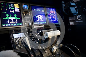 A typical dashboard panel in the cockpit of a private jet plane aircraft.