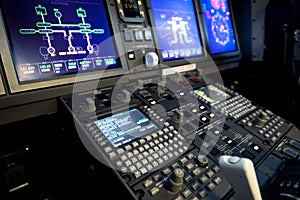 A typical dashboard panel in the cockpit of a private jet plane aircraft.