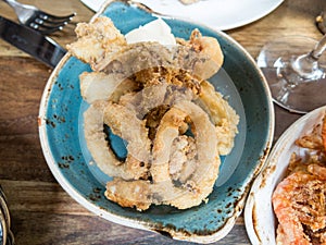 Typical dish of fried squid, a very common tapa in Spain, especially in the South, Andalusia photo