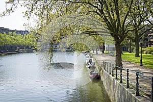 Typical Dutch canal landscape with water, trees, grass and boat