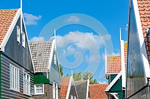 Typical Dutch family houses, traditional village historic architecture of Marken island, Netherlands, Holland