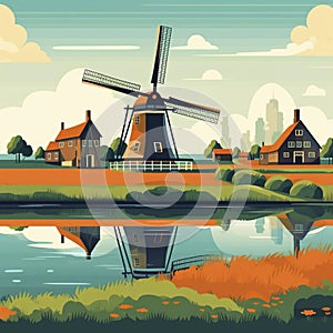 Typical dutch landscape with a dutch traditional windmill in the centre of the illustration