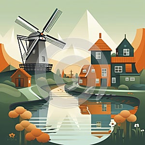 Typical dutch landscape with a dutch traditional windmill in the centre of the illustration, small houses