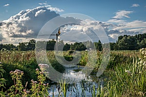 Typical dutch pumping windmill in the dutch countryside with it`s many canals, cumulus clouds in the background