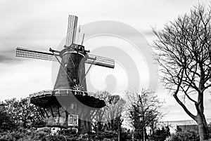 Typical Dutch windmill in Alkmaar, black and white landscape