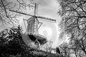 Typical Dutch windmill in Alkmaar, black and white landscape