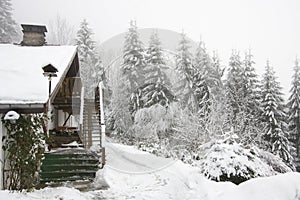 Typical farm under snow in Vosges mountain, France