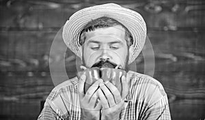 Typical farmer guy. Farm market harvest festival. Man mature bearded farmer hold vegetables wooden background. Sell