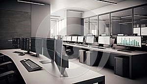 Typical financial office, with rows of desks and computer screens. Terminal, with the financial graphs. Generative AI