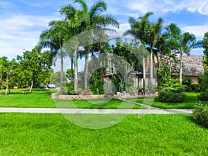 Typical Florida home in the countryside with palm trees, tropical plants and flowers