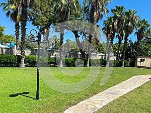 Typical Florida home in the countryside with palm trees, tropical plants and flowers