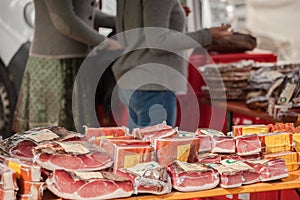 typical food market stall during an autumn local celebration in Val Isarco South Tyrol