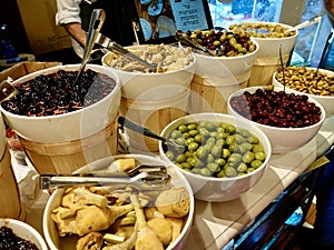 Typical food in the popular Mahane Yehuda market in Jerusalem, Israel