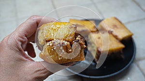 typical food, sweet martabak with chocolate topping, nuts inside