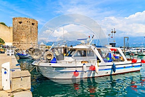 Typical French fishing boat in Calvi port on sunny summer day, Corsica island, France