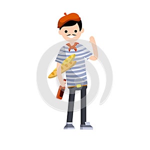 Typical Frenchman in a blue striped t-shirt. Cartoon flat illustration