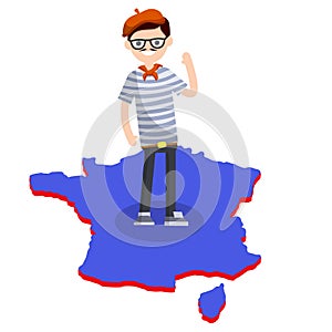 Typical Frenchman. man in a blue striped t-shirt on the map of the European