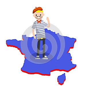 Typical Frenchman. man in a blue striped t-shirt on the map of the European country of France. Cartoon flat illustration