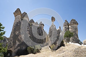 typical geological formation of eroded rock in Goreme, with a large rock in delicate balance at the top of a formation, fairy