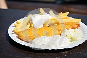 Typical German Friesland deep fried Pollack fish in beer batter with French fries, mayonnaise, sauce tartar and coleslaw on wooden