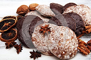 Typical German Gingerbreads such as Lebkuchen and Aachener Printen on rustic