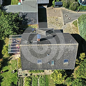 Typical German single-family house from an aerial view with a drone