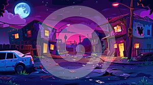 Typical ghetto street illustration at night with ruined abandoned old buildings with glowing windows, car body and