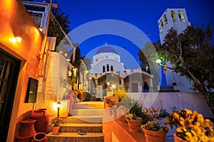 Typical greek church in the night , Santorini