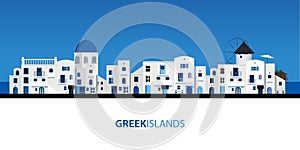 Typical Greek island houses. Blue sky and sea on the background