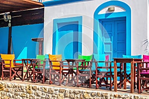 Typical Greek modern blue and white restaurant, Greece