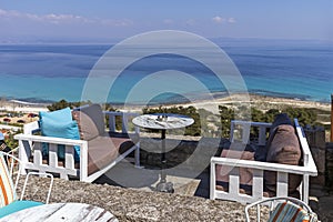 Typical Greek Restaurant at the coastline of town of Afytos, Kassandra, Chalkidiki, Greece