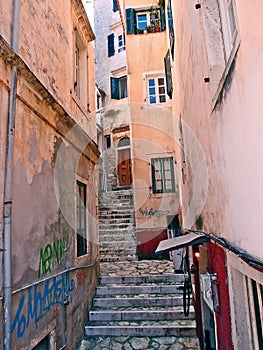 Typical Greek Traditional Mediterranean Alley At The Greek Island Corfu