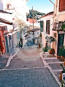 Typical Greek Traditional Mediterranean Alley At The Greek Island Parga