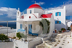 Typical Greek white Church on island Mykonos, Greece
