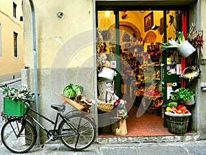 Typical small italian grocery shop in Florence, Italy