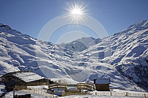 Typical high altitude restaurant `Chez pÃ©pÃ© Nicolas` between Val Thorens and Les Menuires resort