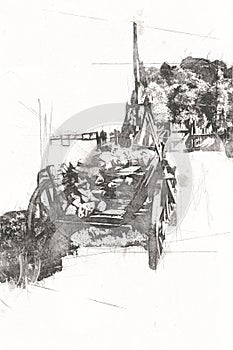 The typical historic wooden carriage on a meadow,  mediaeval old history art illustration retro vintage antique sketch