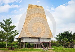 Typical house of J`rai people in central high land of Vietnam named Rong house in Vietnamese
