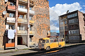 Typical houses and a bus, Armenia. Alaverdi