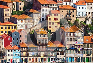 Typical houses in Porto located on a cliff, view from Vila Nova de Gaia, Porto, Portugal