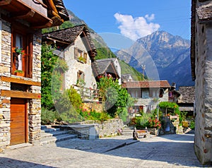 Typical houses in Sonogno in the Verzasca Valley, Ticino in Switzerland